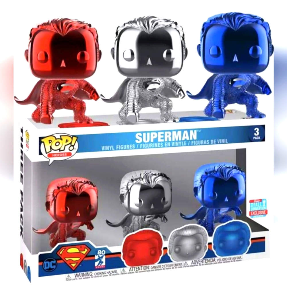 Funko Fall 2018 Convention Exclusive Chrome Red, Silver & Blue Superman 3 pack